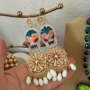 Gold Filigree hand embroidered Floral Skull Drop Earrings with White Beads